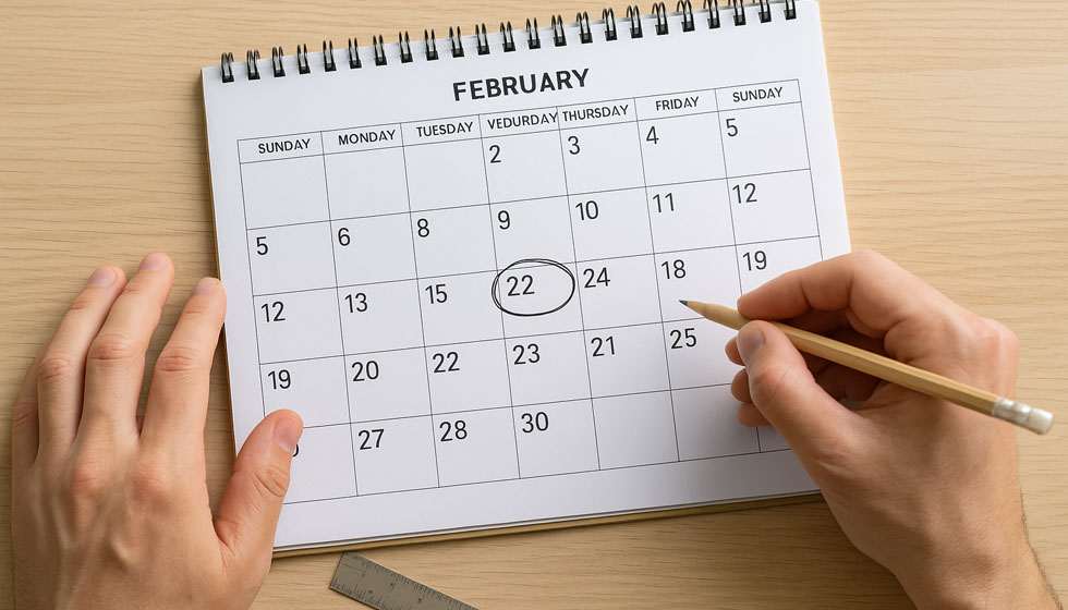 Calendrier papier avec la date 22/02 entourée, deux mains posant un crayon, lumière douce de fenêtre