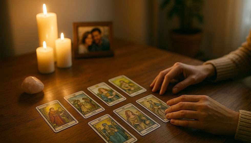 Personne réalisant un tirage de tarot amour en cinq cartes sur une table avec bougies et ambiance intime.