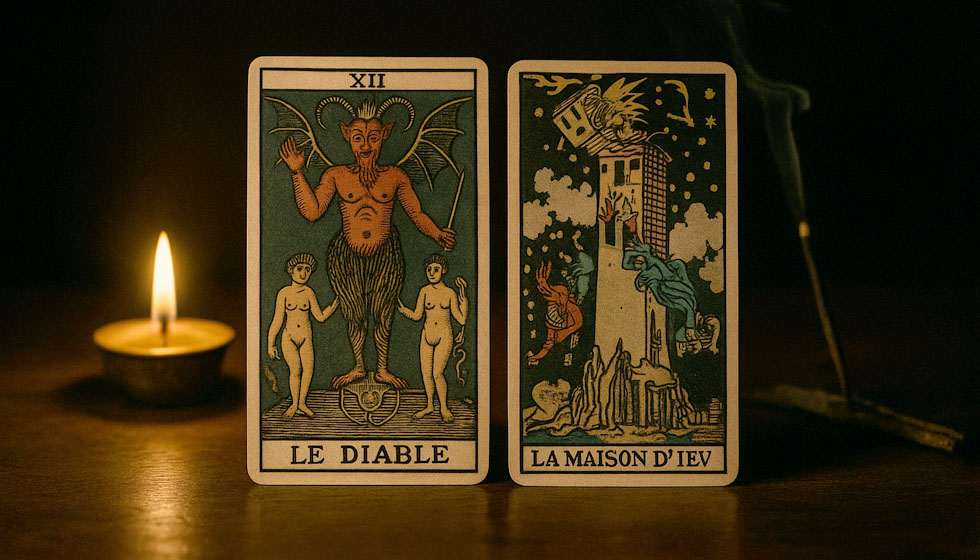 Photographie évoquant les cartes du Diable et de la Tour du tarot, éclairées par une flamme douce, symbolisant la révélation intérieure.
