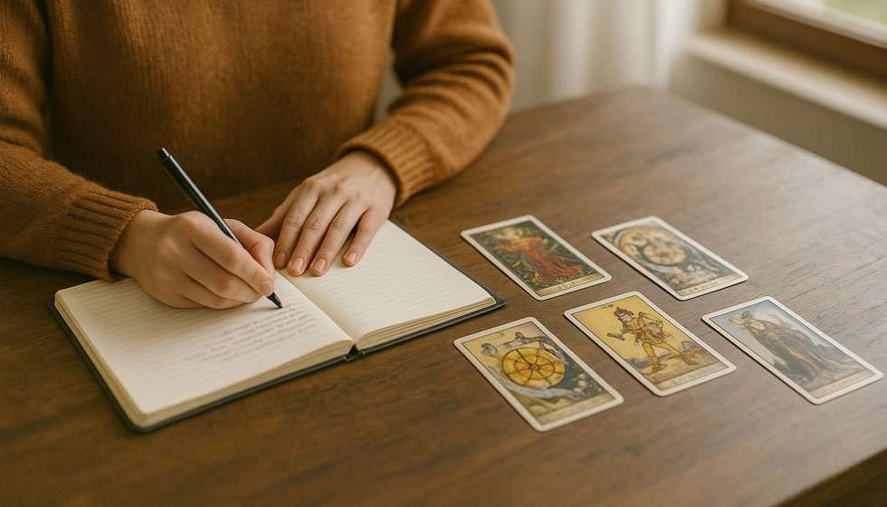 Personne écrivant dans un journal à côté d’un tirage de tarot, ambiance chaleureuse et rassurante