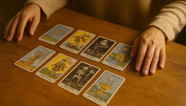Tirage de tarot réaliste sur une table en bois, avec des cartes de nouveau départ éclairées par une lumière douce