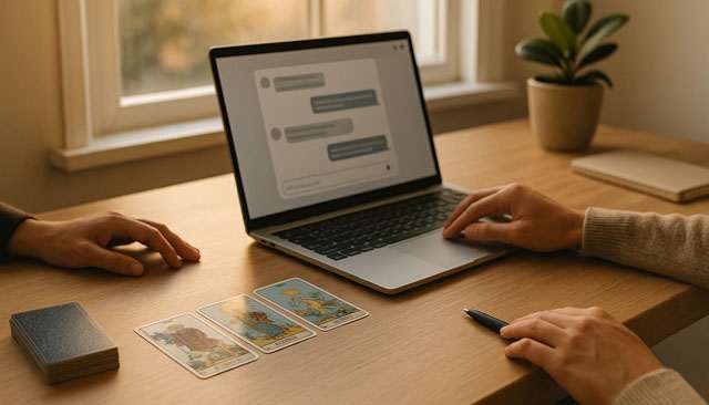 Écran de tchat ouvert près d’un tirage de tarot sur un bureau éclairé naturellement.