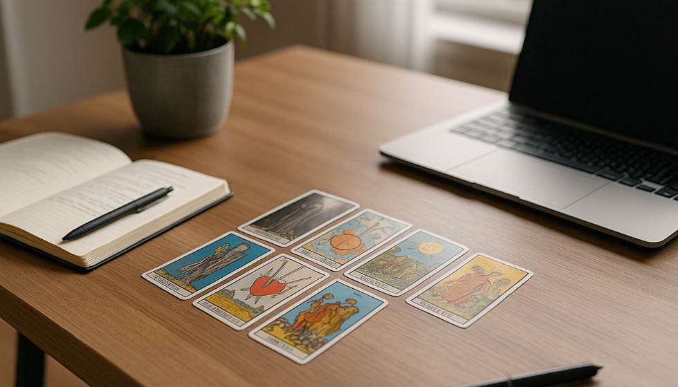 Tirage de tarot orienté travail et chemin de vie avec carnet de notes, ordinateur portable et stylos sur un bureau.