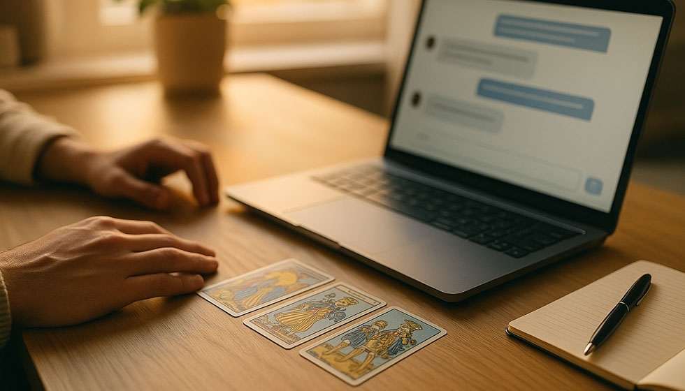 Gros plan d’un tirage 3 cartes de tarot, carnet et stylo pour noter la synthèse.