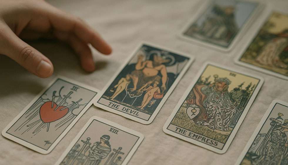 Gros plan d’un tirage de tarot, ambiance douce et neutre.