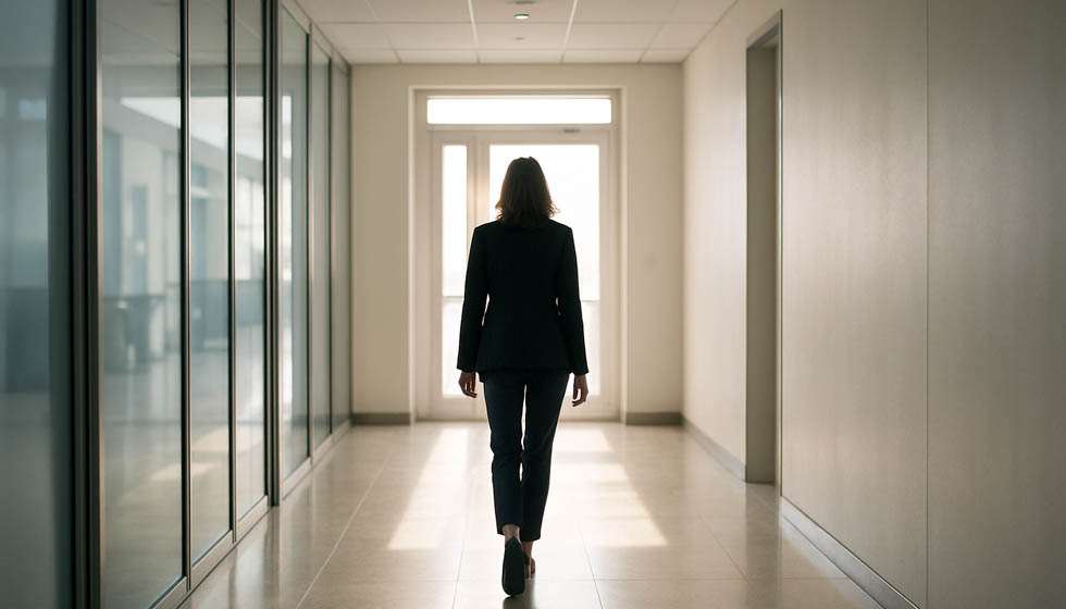 Personne marchant vers une sortie lumineuse d’un bureau, symbole de transition