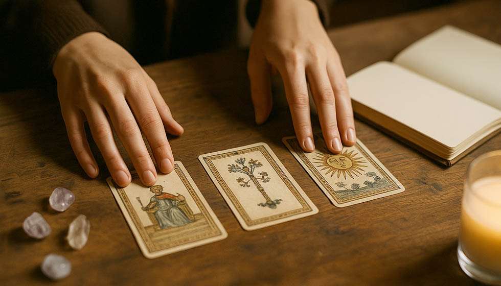 Tirage de tarot en trois cartes sur une table en bois, mains anonymes