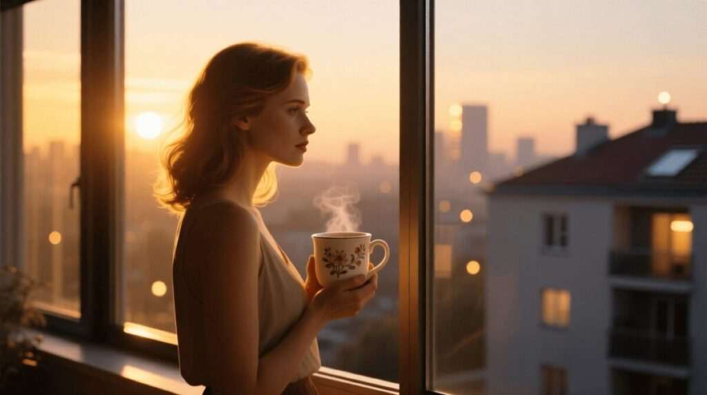 A thoughtful woman in her 30s sits by a window at dusk, looking introspective as she thinks about romantic signs and love compatibility.