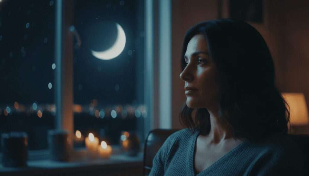A woman in her 30s sits in a cozy sanctuary, her face in soft golden light, reflecting on her inner world and Moon sign.