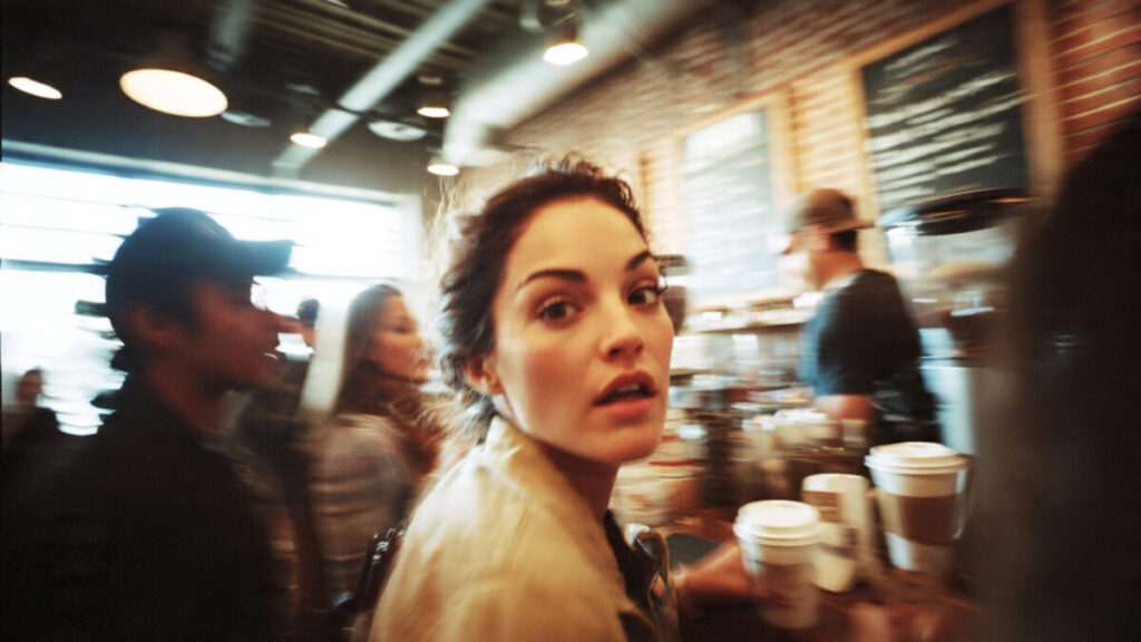 Woman in a bustling coffee shop looking back with a shocked expression of déjà vu realization, cinematic motion blur.