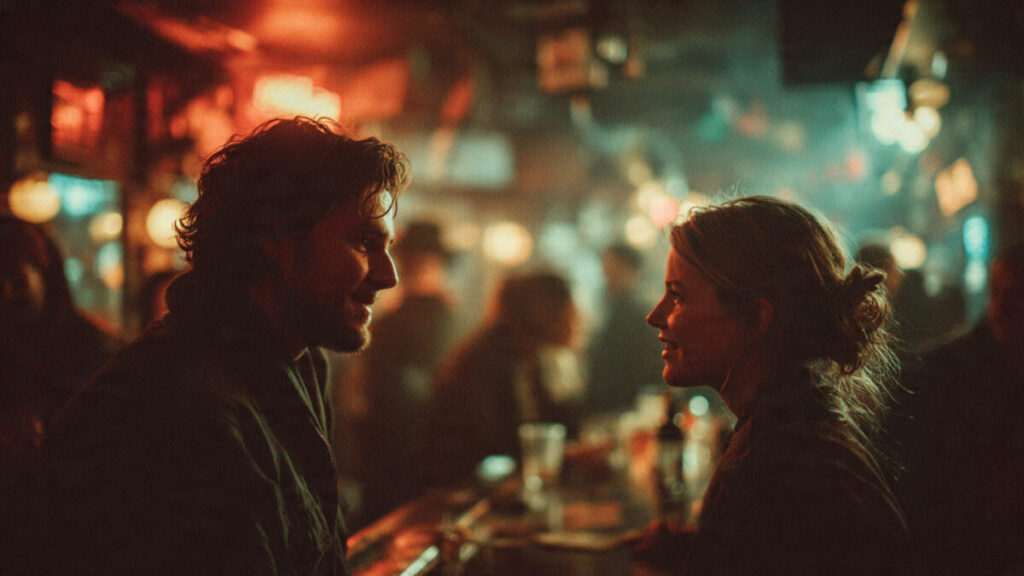 A candid, grainy photograph of a man and a woman smiling and looking into each other's eyes in a dimly lit, crowded bar with warm bokeh lights.