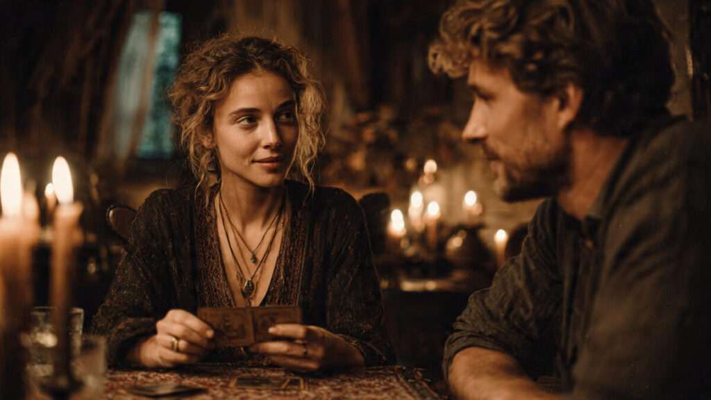 A man and a woman with curly hair sit at a table by candlelight, holding cards in a rustic room.