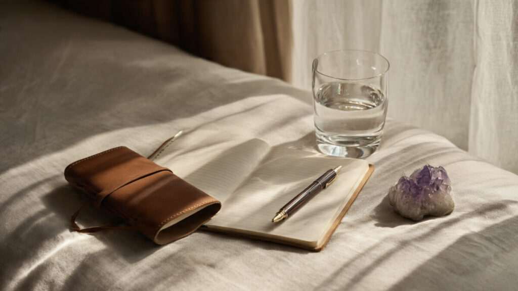 Open dream journal with fountain pen, glass of water, and amethyst crystal on white linen bed sheets in dappled morning sunlight.