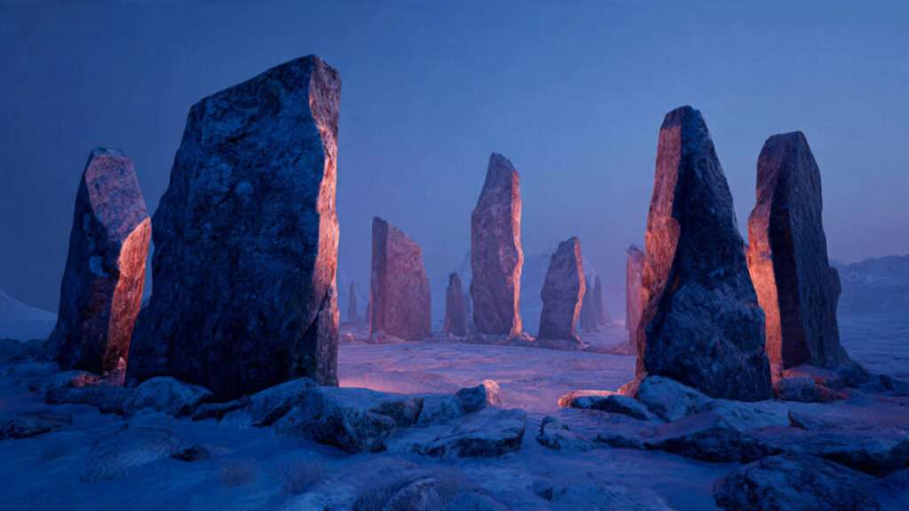Snow covered stone circle at twilight representing the Winter Solstice