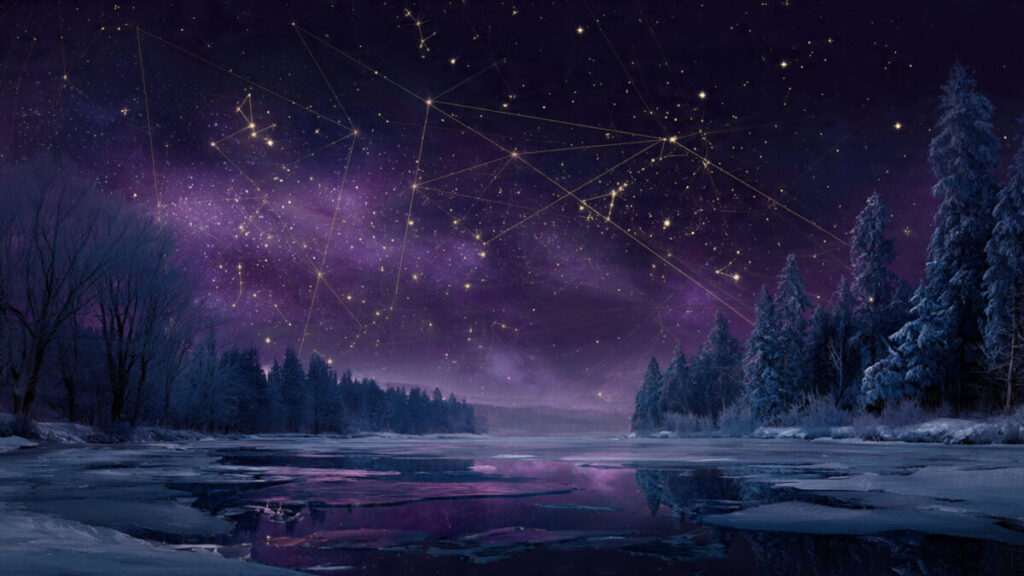 The Capricornus constellation glowing in a night sky above a frozen winter forest