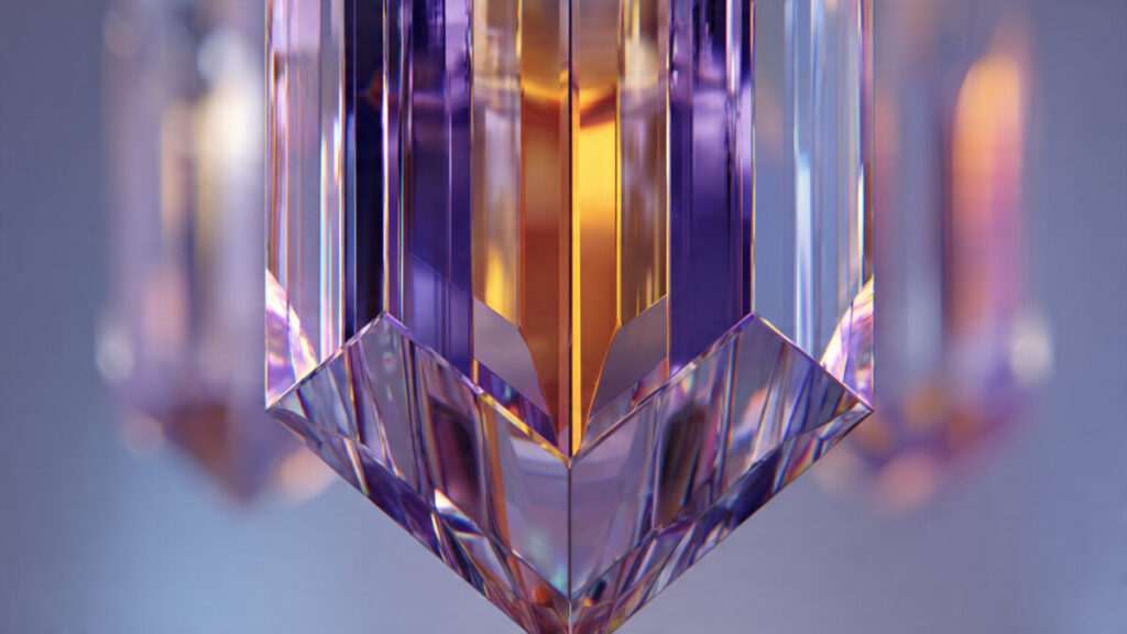 A geometric crystal prism refracting violet and amber light, representing the connection between the solar plexus and third eye chakras.