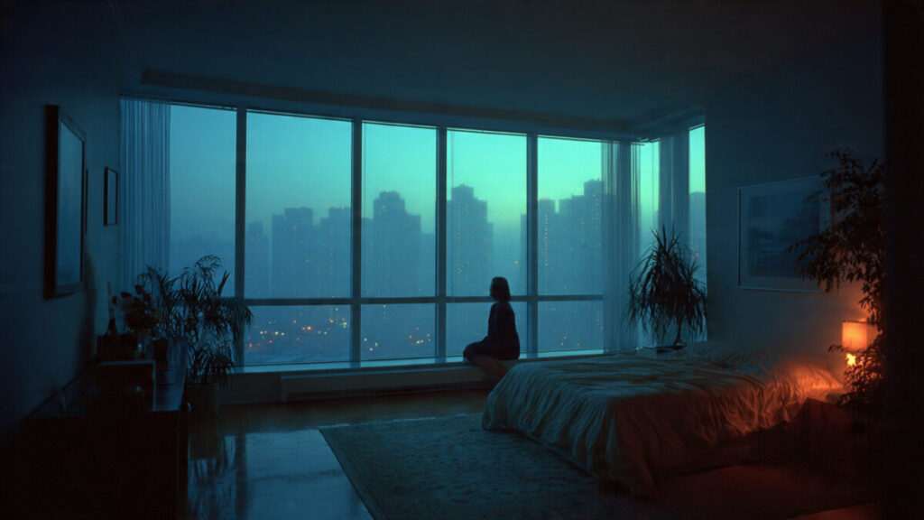 A woman in a dimly lit room consulting tarot for love clarity during a quiet moment.