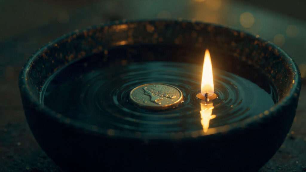A silver coin in a bowl of water for a Wolf Moon ritual, lit by candlelight.