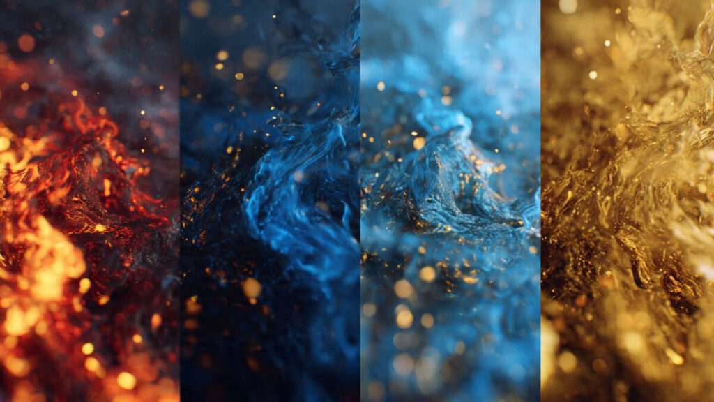 Abstract merging of fire, water, earth, and air textures