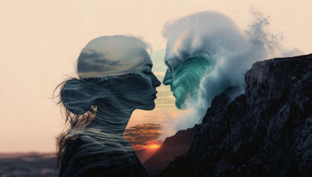 A double exposure photograph showing a woman's profile filled with a sunset over a calm ocean, facing a man's profile filled with a crashing wave against a rocky cliff.