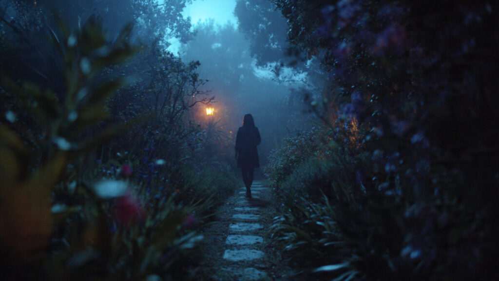 A woman walking alone down a misty garden path at twilight, symbolizing the journey to trust your intuition during an inner awakening.