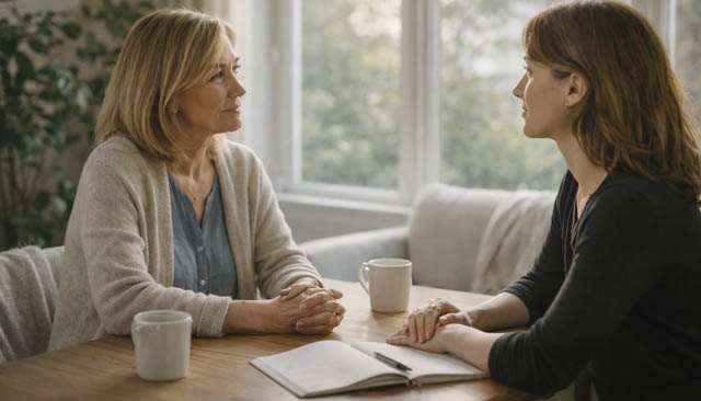 Tasse de thé et carnet ouvert, ambiance apaisante entre deux personnes