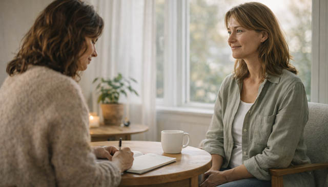 Deux personnes échangent calmement, carnet sur la table, atmosphère rassurante