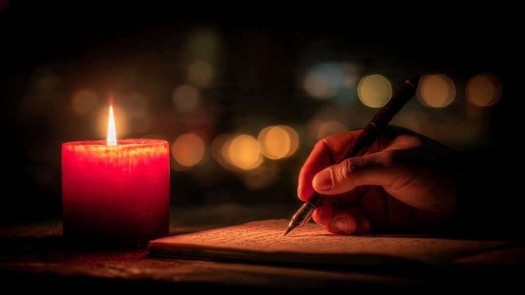 Hand writing in a journal next to a red candle.