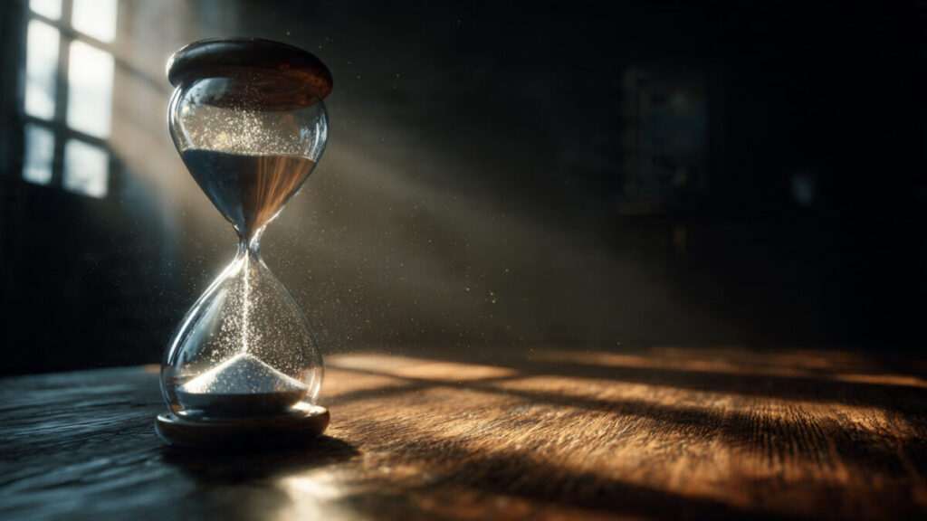 Modern hourglass on desk in sunlight representing time management for 2026