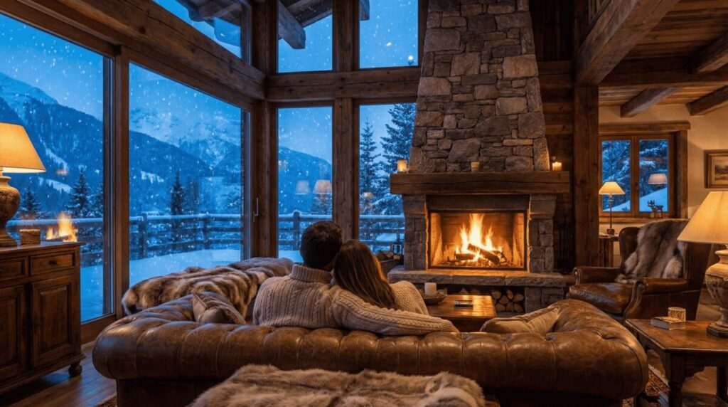A couple by a stone fireplace in a luxury lodge, snow visible outside, warm lighting