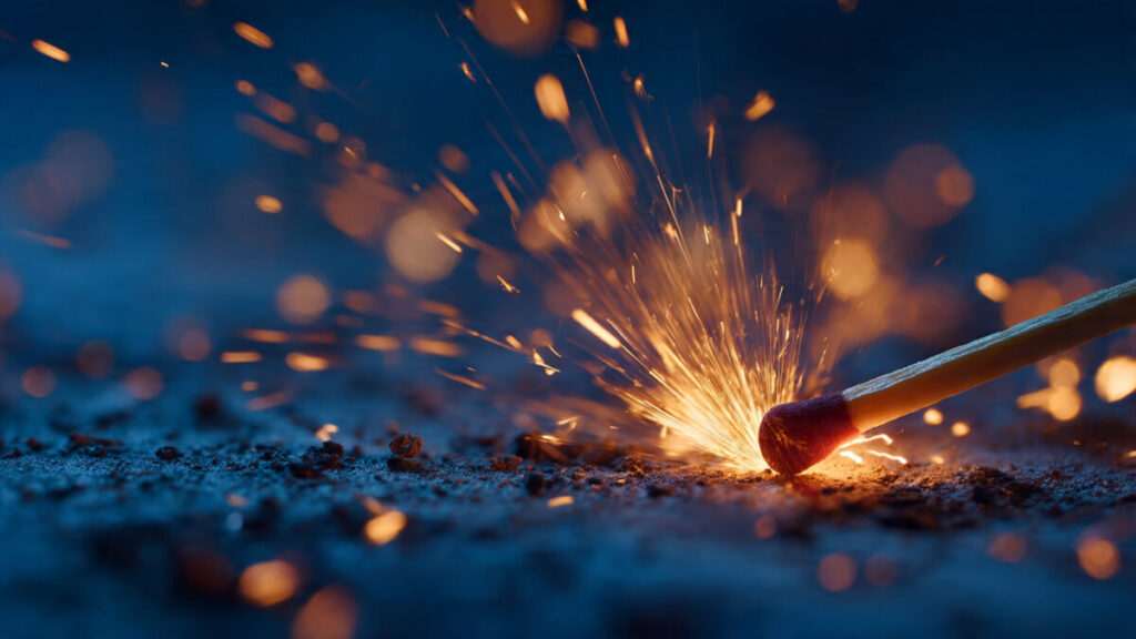 Extreme macro shot of a match head striking a surface, creating a burst of bright orange and gold sparks against a dark blue background.