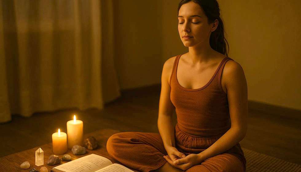 Femme en méditation, carnet ouvert à côté d’elle, entourée de bougies et de pierres naturelles