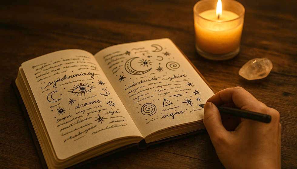 Cahier ouvert avec des annotations manuscrites et symboles ésotériques, posé sur une table en bois avec bougie
