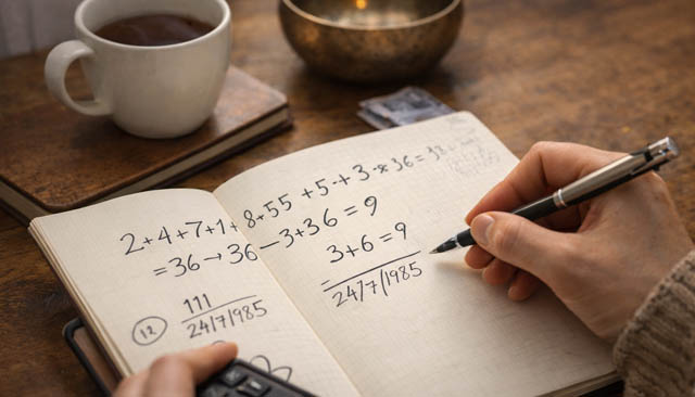 Gros plan sur des mains calculant des nombres sur un carnet, avec une tasse de thé et une atmosphère chaleureuse.