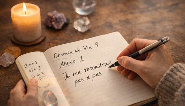 Personne écrivant dans un journal, avec une bougie allumée et quelques chiffres notés, ambiance calme et apaisante.