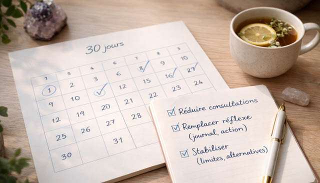 Calendrier 30 jours et checklist sur une table, tasse de thé