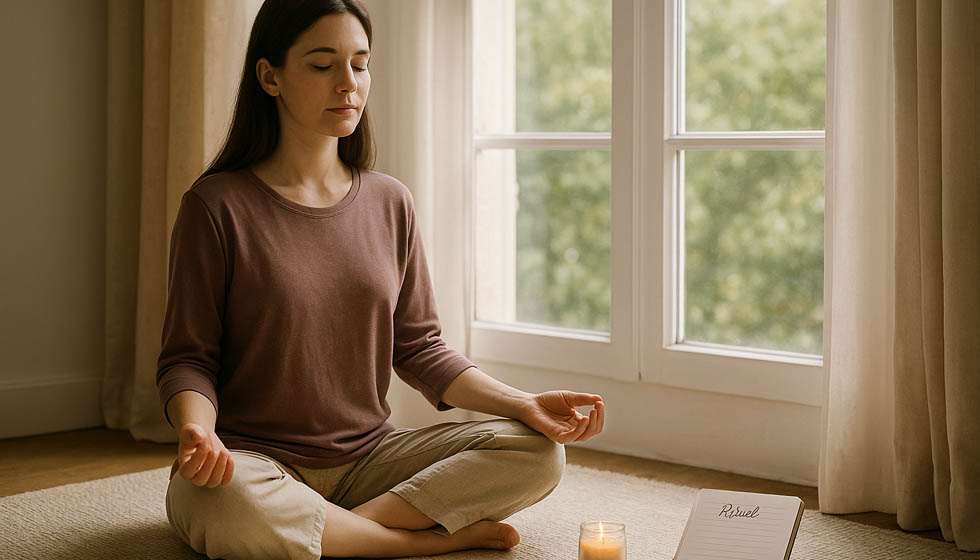 Personne assise en méditation devant une fenêtre lumineuse, entourée de pierres, cartes et carnet de rituels