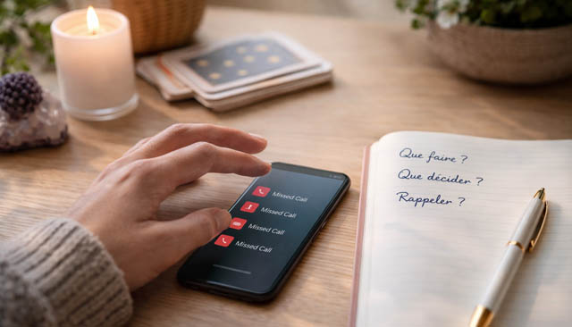 Main hésitante au-dessus d’un téléphone, carnet de notes ouvert