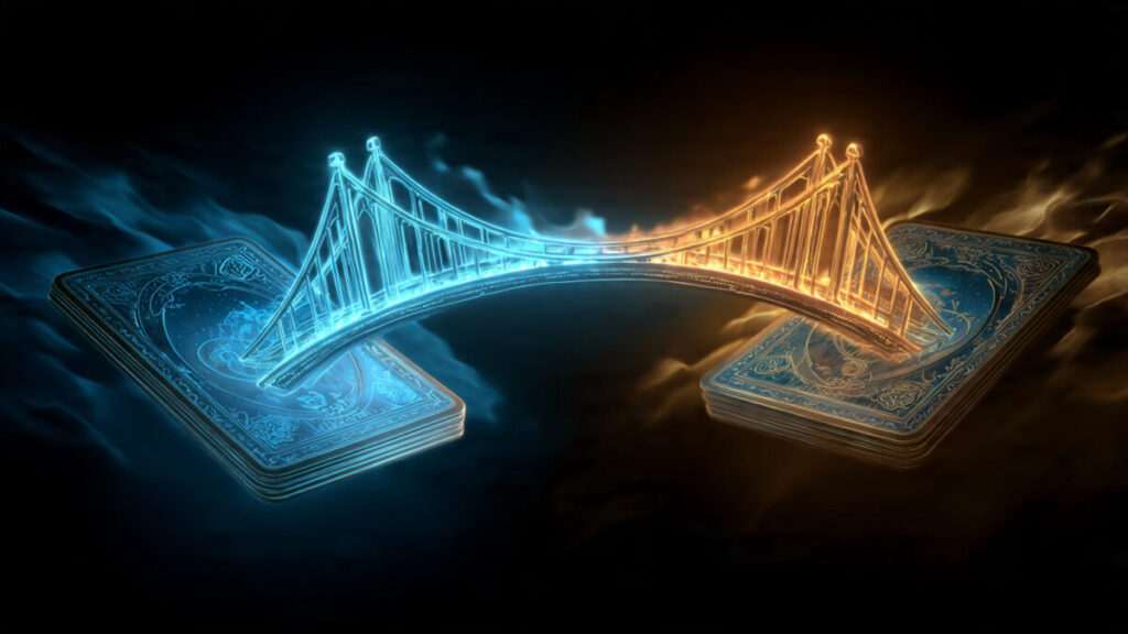 Stylized glowing bridge connecting two tarot decks, symbolizing the bridge spread for relationship connection and unity.