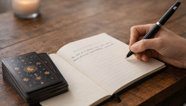 Carnet avec une question notée, stylo et jeu de tarot à côté