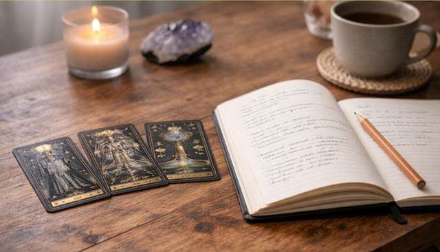 Trois cartes de tarot à côté d’un carnet de notes ouvert
