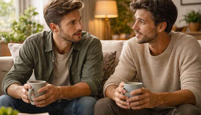 Deux amis assis dans un intérieur cosy, l’un écoute l’autre avec bienveillance, ambiance de soutien et confiance (Terre + Eau).