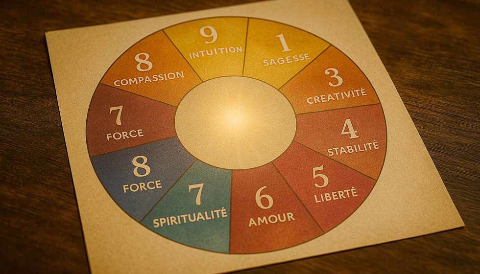 Roue circulaire colorée représentant les neuf nombres avec des mots-clés émotionnels associés