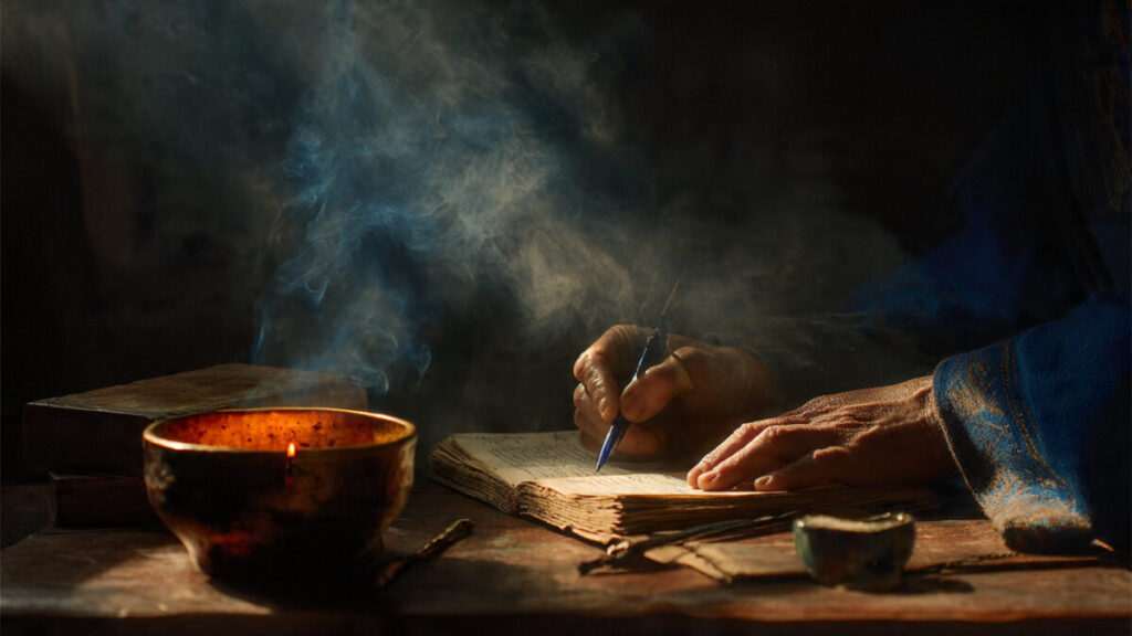 Hands performing a manifestation ritual with a journal and candle for the 1/11 Portal.