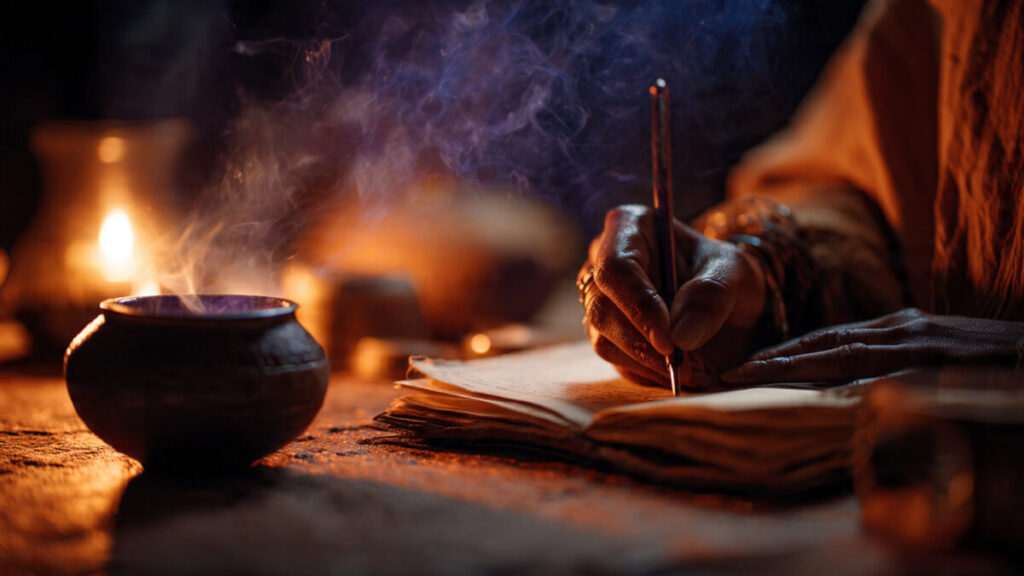 Hands performing a manifestation ritual with a journal and candle for the 1/11 Portal.