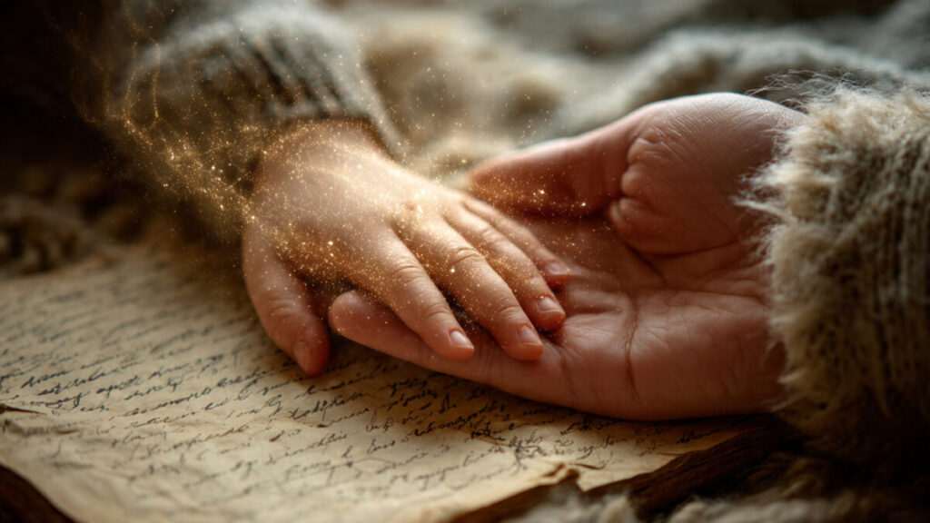 Adult hand holding a glowing, translucent child's hand over a journal.