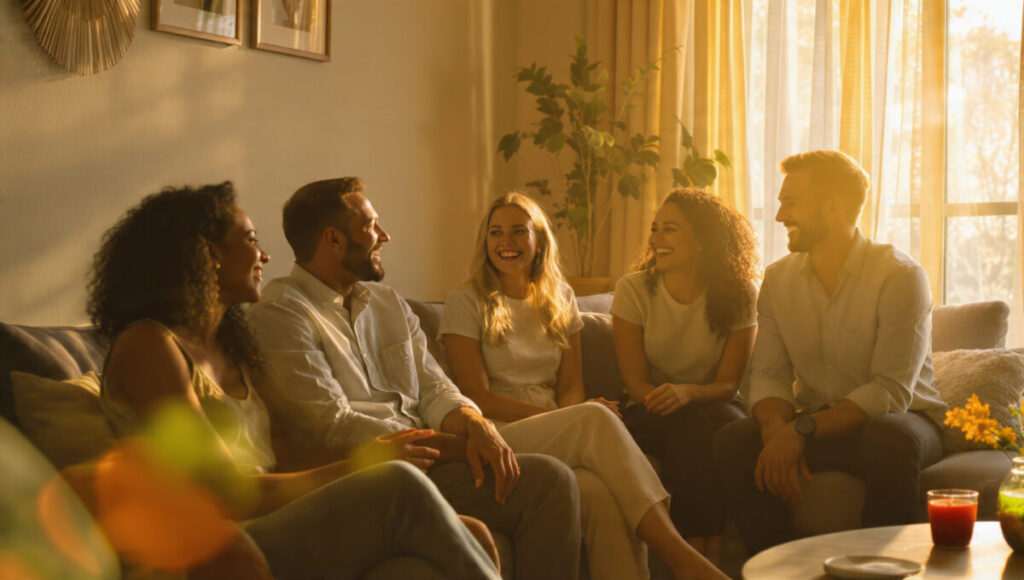 Group of friends talking and laughing in a sunny room, representing community and finding your tribe.