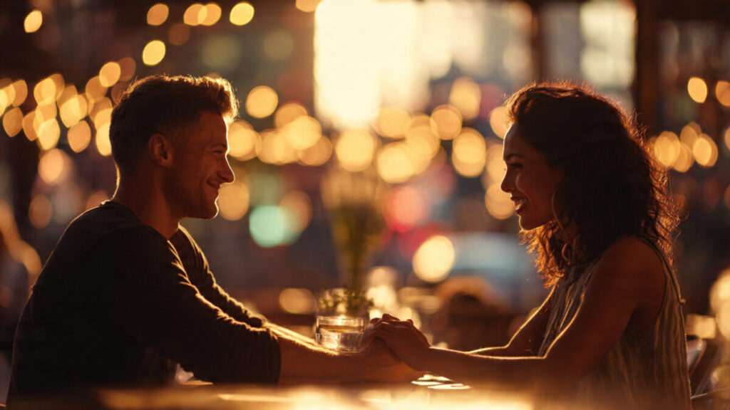 Happy couple enjoying a romantic date evening with city lights in background