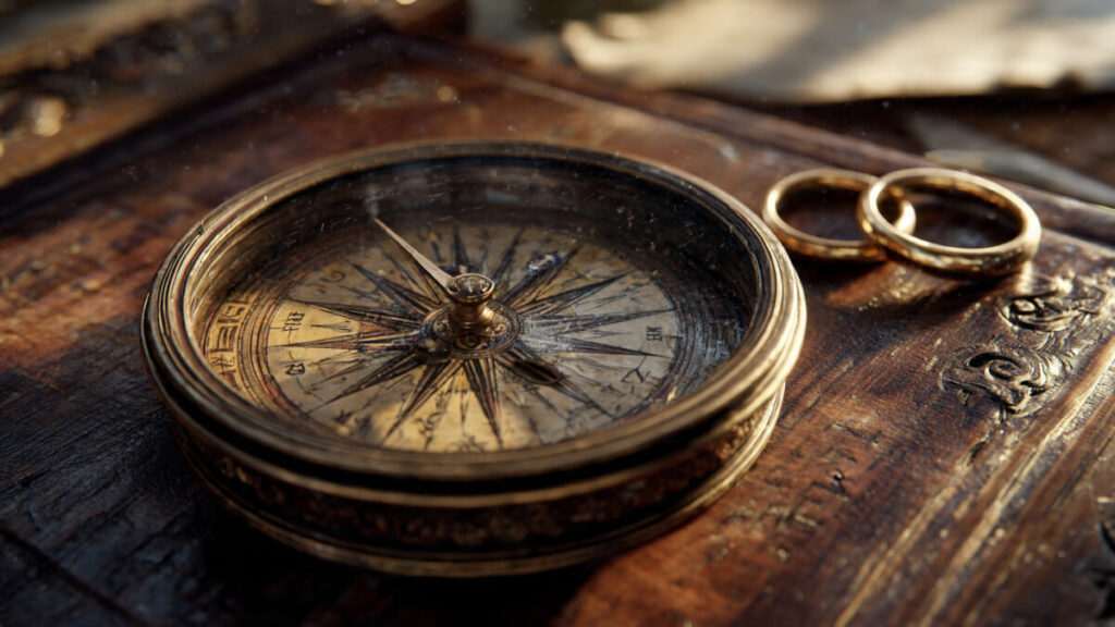 An antique compass and interlocking rings on a desk, symbolizing direction and commitment in January 2026 astrology.