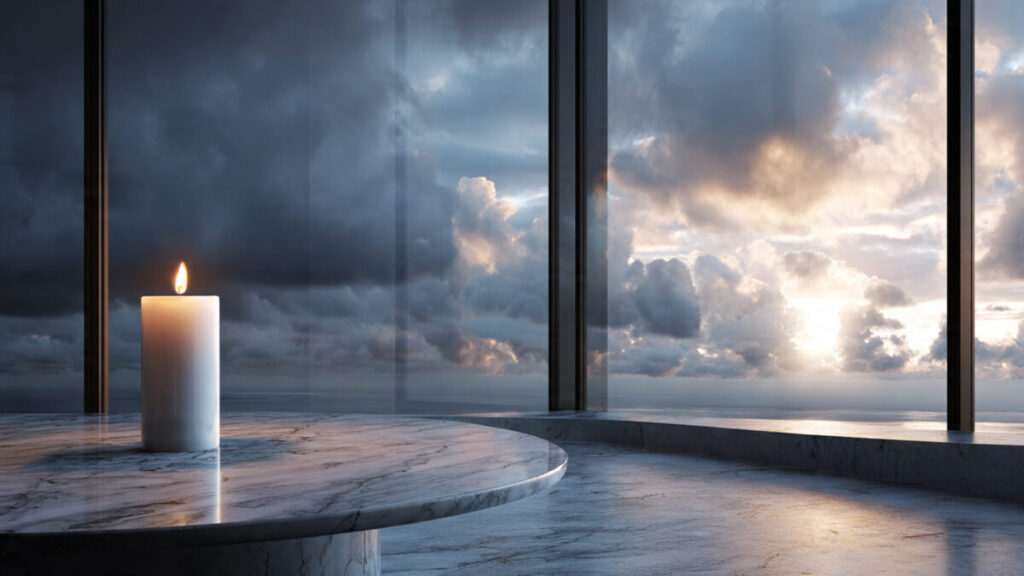 A candle on a marble table with a sunrise background, representing a karmic reset.